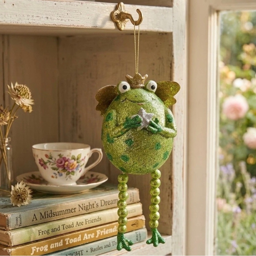 Green Glitter Frog Prince Dangling Legs Hanging Ornament